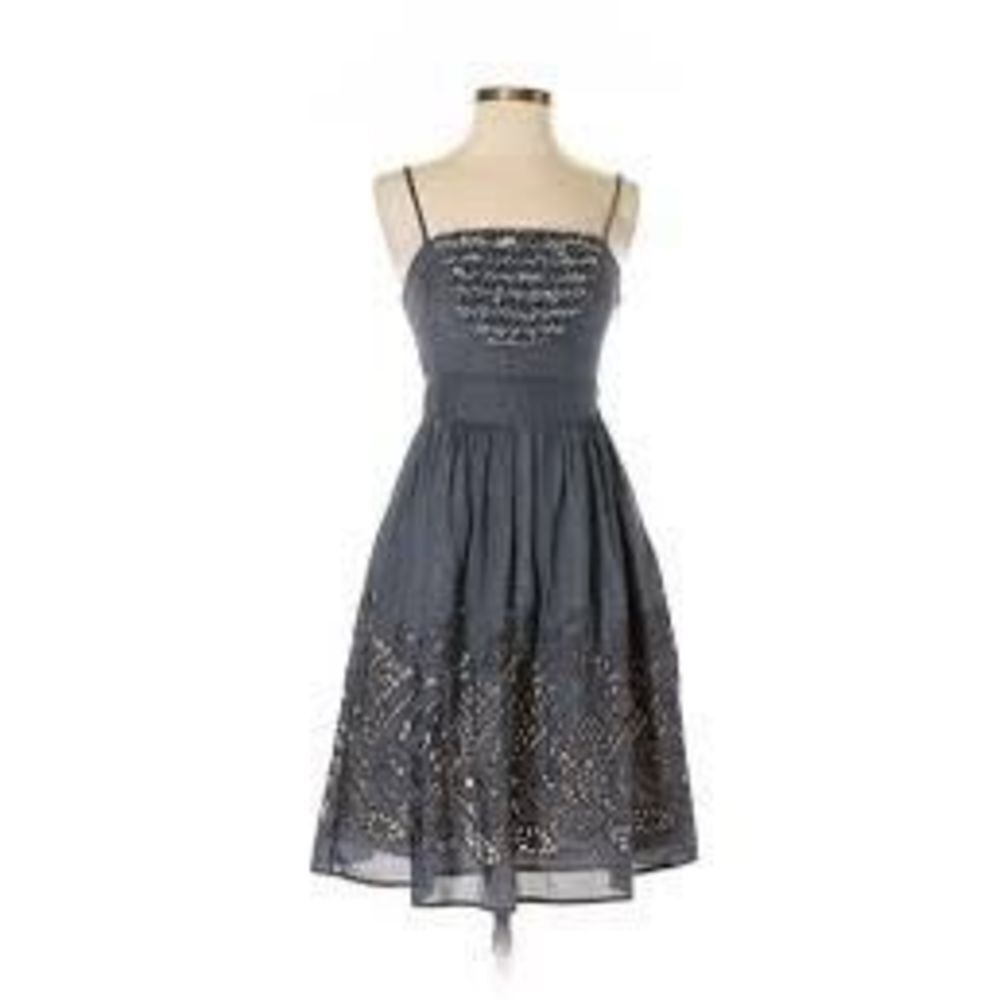 Burlapp Anthropologie Women's Spaghetti Eyelet Silk Summer Dress Blue Grey 4